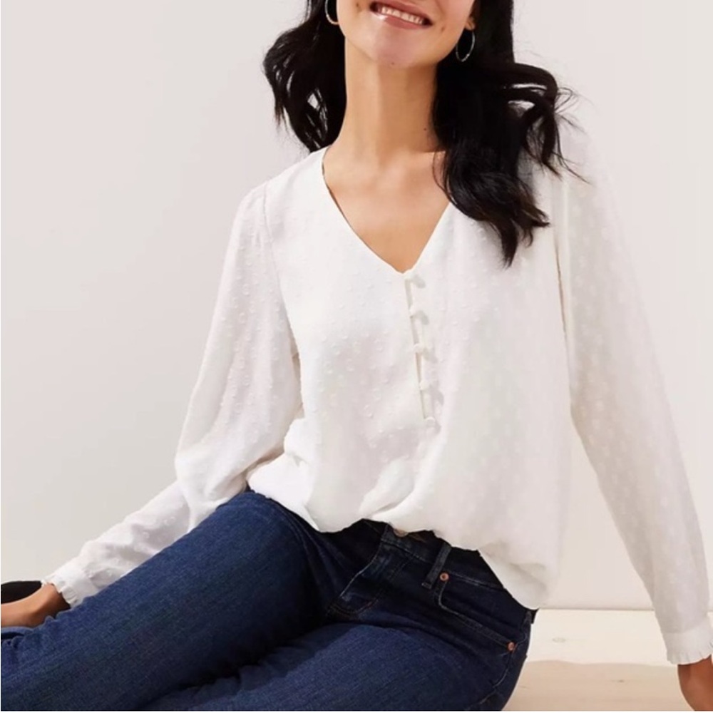 LOFT | clip dot v-neck peasant style blouse in whisper white, medium (maternity)